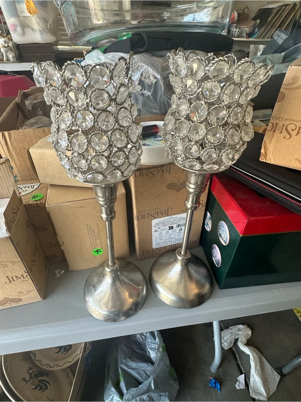 Crystal Accent Candle Holders - Silver (Pair)